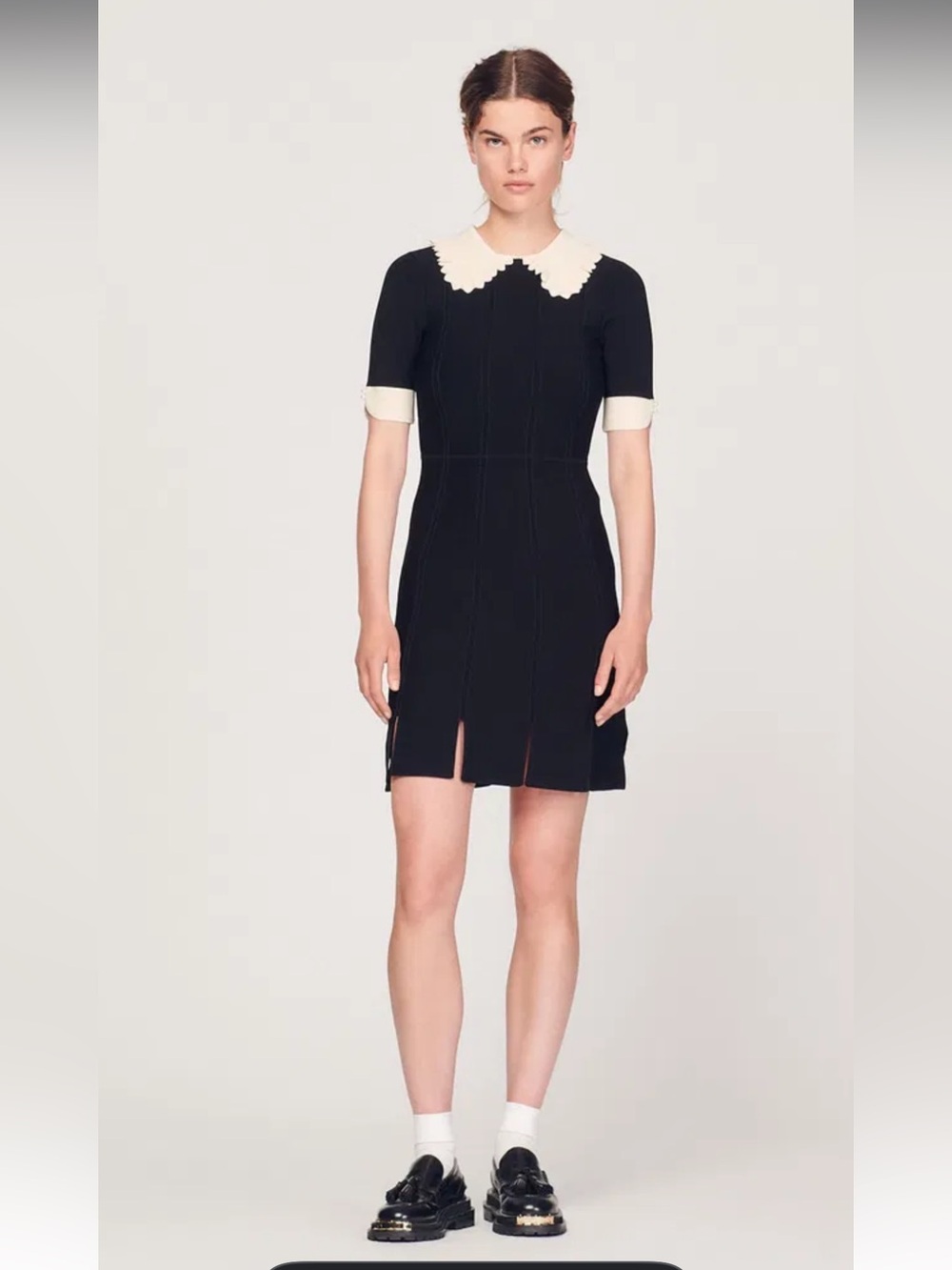 Sandro Black Short-Sleeve Dress with Cream Scalloped Collar